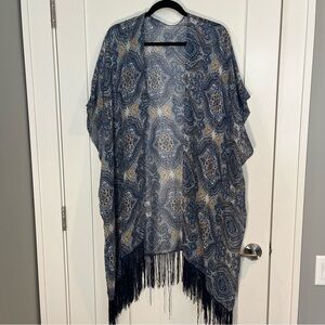 Blue Patterned Kimono with Fringe